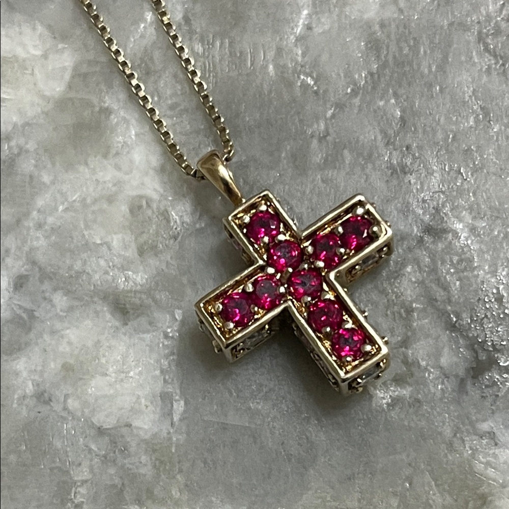 Gold Sterling Cross with Genuine Rubies and Sapphires✨